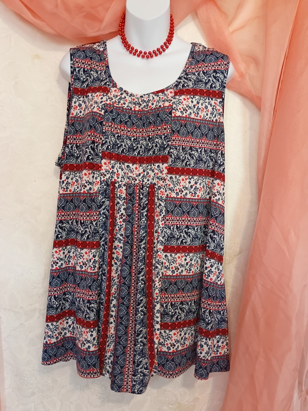 dressbarn Ladies Navy and Red Patterned Sleeveless Tunic Sz 2X